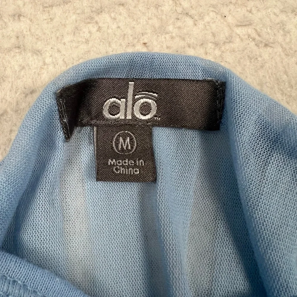 Alo Yoga Top Women Medium Blue Sheer Striped Long Sleeve Boat Neck Pullover